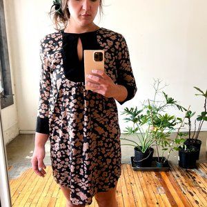 boutique black + tan shift dress w/high neckline & 3/4 sleeves size S